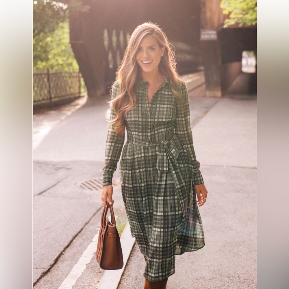 Gal Meets Glam Jessie Plaid Sage Green button dress GMG - Picture 3 of 9